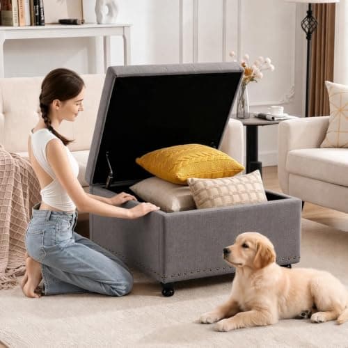 Tbfit Large Square Storage Ottoman Bench, Tufted Upholstered Coffee Table with Storage, Oversized Storage Ottomans Toy Box Footrest for Living Room, Dark Grey - Thumbnail 4