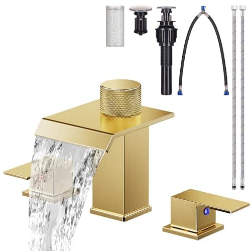 Brushed Gold Bathroom Faucet 3 Hole, 8 Inch Widespread Waterfall Bathroom Sink Faucet with Filter, Includes Metal Pop-Up Drain and Supply Hoses, Perfect for Vanity, Restroom, Sink, Rv - Image 1