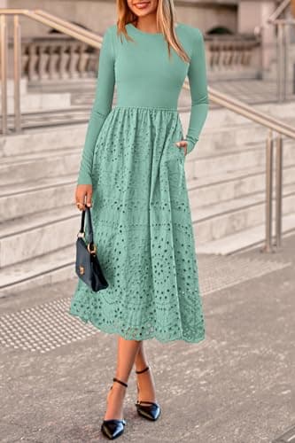 dowerme Women Spring Dresses 2026 Casual Long Sleeve Crewneck A-Line Boho Eyelet Cotton Maxi Wedding Guest Dress Pockets(Light Green,XX-Large) - Thumbnail 6