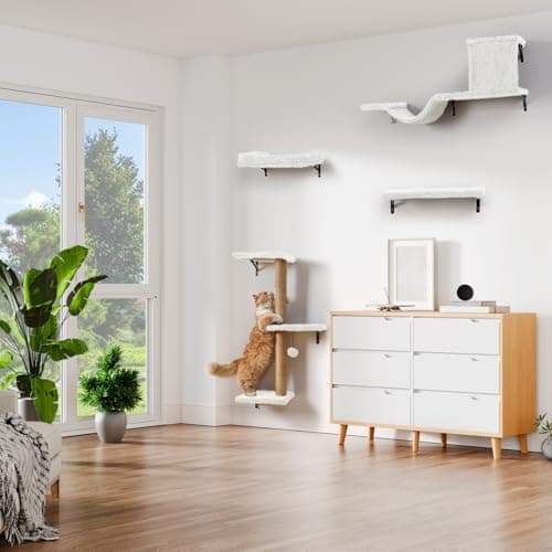 5-in-1 Cat Wall Shelves, Multi-Level Cat Climbing Furniture, Perch & Lounge for Indoor Cats, Space-Saving Wall Mounted Shelves for Play & Rest (Natural Wood) - White - Thumbnail 5