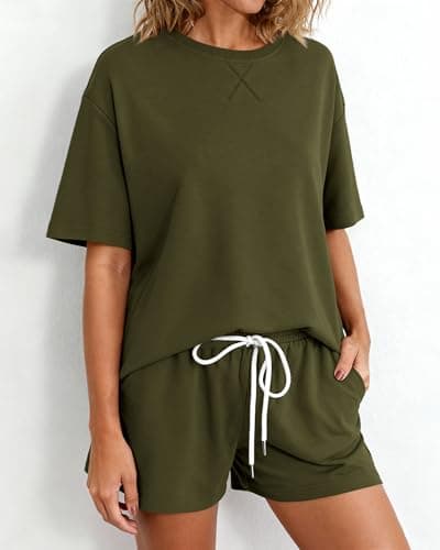 Zenlonr Women's Two Piece Lounge Sets 2026 Summer Casual Oversized Shirts Shorts Matching Airport Travel Outfit(Army Green,Large) - Thumbnail 5