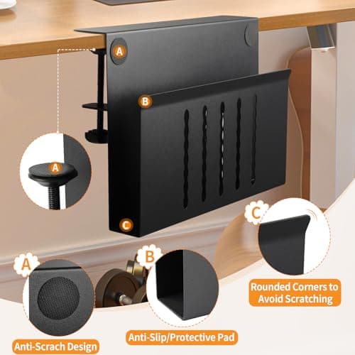 Henitol Desk Side Storage with Pen Holder, No Drill Hanging Desk Organizer Under Desk Storage Mount, Clamp-On Laptop Holder Table Side Tray Desktop Organization for Office and Home (Black) - Thumbnail 3