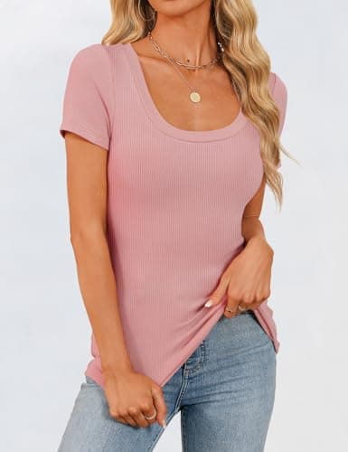 GKBK Scoop Neck Short Sleeve Tops for Women Ribbed Knit Slim Fitted Tight Layering Top Basic Tee Shirts Cute Summer Tops Casual Spring Outfits 2026 Trendy Pink - Thumbnail 2