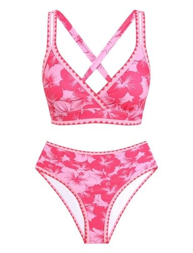 ZAFUL Womens High Waisted Bikini Sets Floral Print Whip Stitch 2 Piece Swimsuits V-Neck Crisscross Tie Back Bathing Suit Rose Red Small - Thumbnail 6
