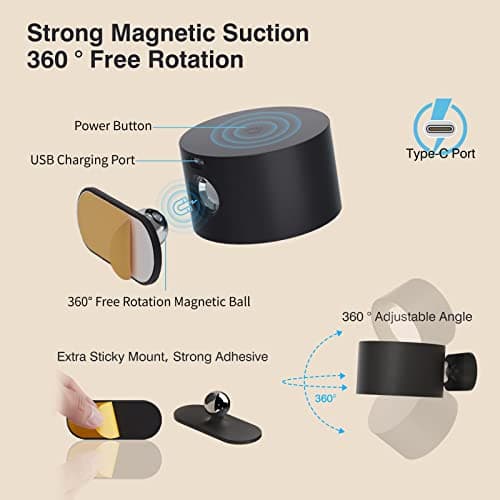 Deyagoo LED Wall Sconce, Wall Mounted Lamp with Rechargeable Battery Operated USB Port 3 Color Temperature & 3 Brightness Level 360°Rotate Magnetic Ball, Cordless Light for Reading Study Bedside - Thumbnail 3