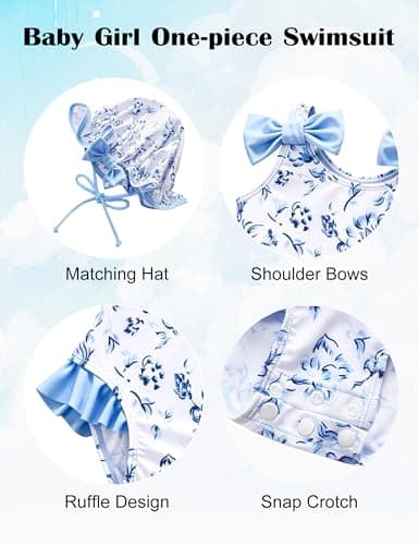 GEMLON Toddler Girl Swimsuit 4T One Piece Swimsuit Girls with Hats Floral Printed Ruffled Bow Beach Swimwear - Thumbnail 5
