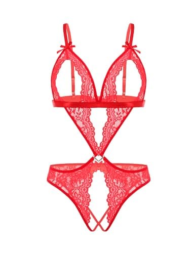 Avidlove Women Lingerie Lace Bodysuit Teddy Deep V Neck One Piece Babydoll Red XS - Thumbnail 6
