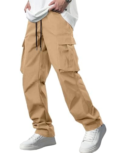 Comdecevis Men's Casual Cargo Pants Workout Joggers Stretch Sweatpants Hiking Drawstring Tactical Pants with Multi Pockets Khaki