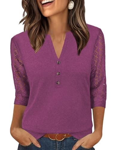 Bakoliza Womens Tops Summer Fashion Lace 3/4 Sleeve Shirts Henley Neck Business Casual Outfits Basic Soft Blouses Red - Image 1