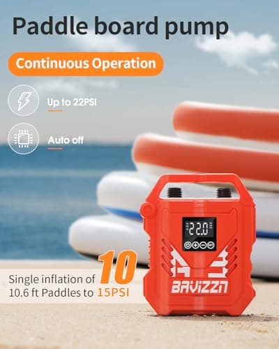 BAVIZZN 22PSI Paddle Board Pump Electric, 12V DC Car Powered SUP Pump with Dual Stage Inflation, Portable Air Pump for Inflatable Paddleboards, Boats, Mattresses & Water Sports Inflatables - Thumbnail 4