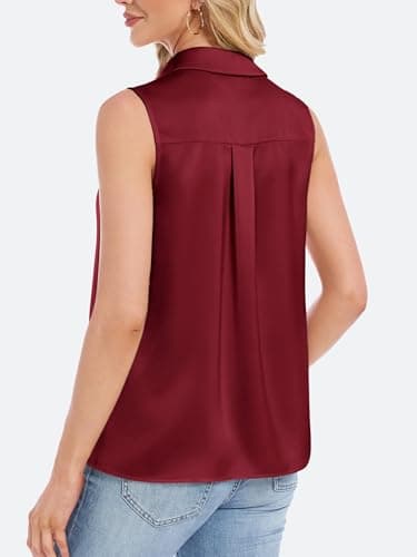 Funlingo Womens Satin Blouse Silky Dressy Satin Camisole Tops Sleeveless Button Down Basic Shirts V Neck Professional Dressy Casual Clothes Wine Red S - Thumbnail 5