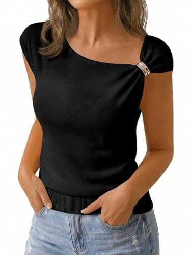 Saodimallsu Womens Sleeveless Sweater Tops Summer Casual Boat Neck Lightweight Knit Loose Trendy Sweater Vest Black - Image 1