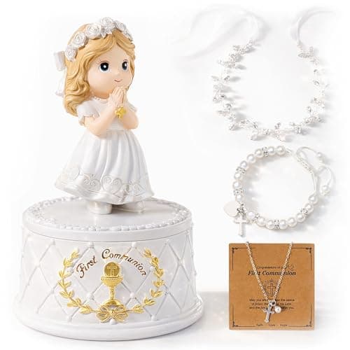 Gleemoria First Communion Gifts for Girls- First Holy Girl Figurine with Keepsake Box & Flower Girl Headpiece & Cross Necklace & Cross Bracelet Included, 1st Communion Gifts for Girls - Image 1
