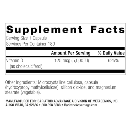 Bariatric Advantage Vitamin D3 5,000 IU - Bariatric Vitamin D Capsules - Water-Miscible - Bone Strength Support* - Easy Swallow Capsule - 180 Count - Thumbnail 4
