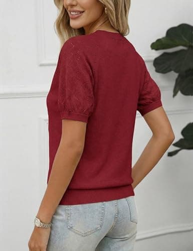 LaGracia Puff Short Sleeve Sweater for Women Summer Puff Sleeve Sweater Tops Spring V Neck Cauasl Dressy Shirts Cute 2026 Dark Red S - Thumbnail 4