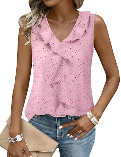 Aprolive Womens Business 3/4 Sleeve V Neck Ruffle Office Work Shirt Ladies Cute Flowy Trendy Concert Fashion Vests(Pink Floral,Large) - Image 1