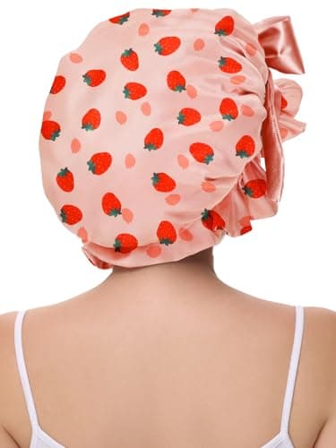 Vettres Silk Bonnet for Sleeping Women, Satin Hair Shower Cap 2025 Tie Band Adjustable Straps Head Wrap for Curly Hair Strawberries F - Thumbnail 4