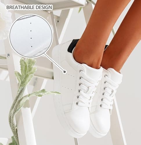 Vepose Women's Fashion Casual Sneakers, Laces Trendy Sneakers Low Platform with PU Leather, Black and White, Size 9 US - Comfortable Walking Shoes (CJY8002 White Black 09) - Thumbnail 6
