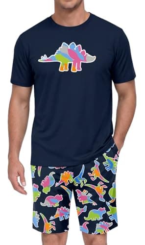 PrinStory Men's Dinosaur Pajama Set, Colorful Dino Graphic Tee and Printed Shorts, Novelty Sleepwear Loungewear Set for Home, Fun Gift, Navy S - Image 1