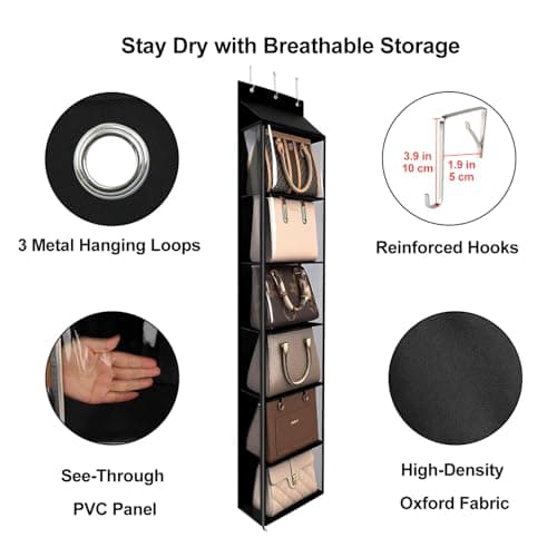 Lirex Over The Door Purse Organizer & Purse Shelf for Closet – Handbag Storage Organizer with Purse Hanger. Perfect for Scarves, Hats, and Leggings. L (15.7'' x 5.7'' x 68''), Black - Thumbnail 3