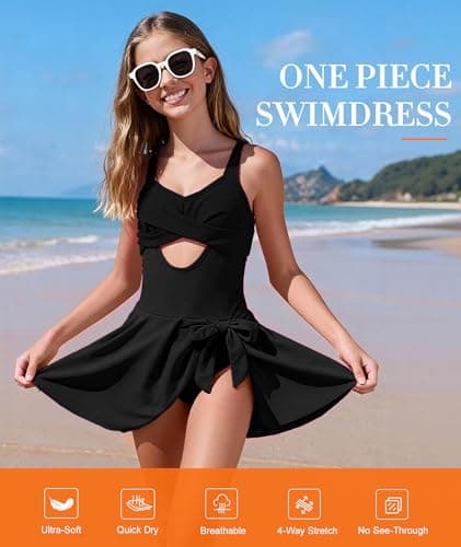 MFAVIP Girls One Piece Swimsuits Classic Black Girl Swimsuits with Ruffle Skirt Removable Pads Adjustable Straps Size 9-16 - Thumbnail 4