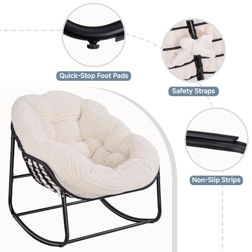 Halituny Indoor Rocking Chair, Oversized Outdoor Lounge Chair with Thick Corduroy Cushion & Straps, Wicker Modern Comfy Rocker Egg Chair for Living Room, Bedroom, Porch and Courtyard, Beige - Thumbnail 6