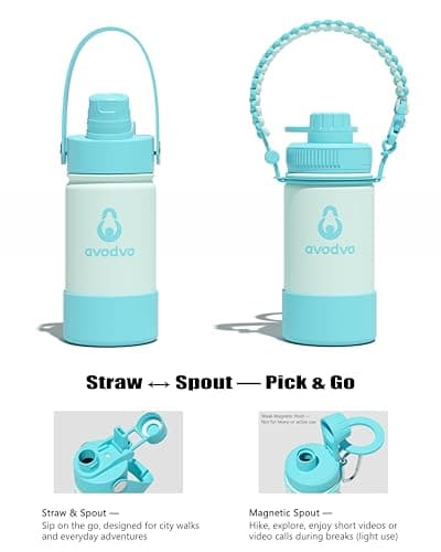 avodvo 12 oz Insulated Water Bottle with 2 Lids (2-in-1 Straw & Spout Lid, Magnetic Lid), Kids Water Bottle with Strap, Kids Stainless Steel Water Bottle for School, PA-Free, Green - Thumbnail 3