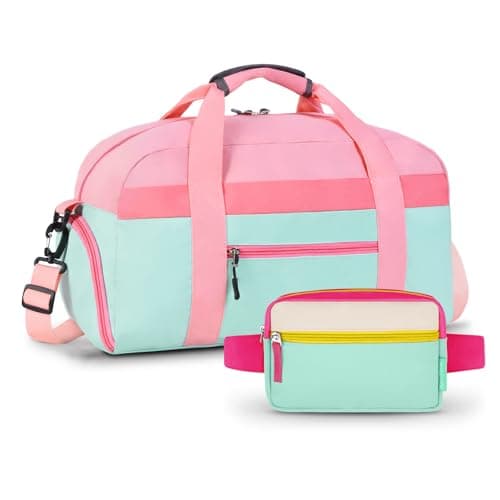 WOOMADA Travel Duffle Bag, Weekend Bag with Wet Pocket & Trolley Sleeve, Overnight Bag With Waist Pack, Fit for Sports Practice, Travel and Gifts(pink green) - Image 1