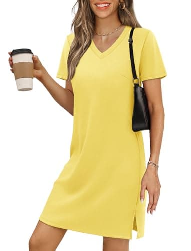 RUMIA Summer Casual Dresses for Women 2026 Mini Vacation Dress V-Neck Short Sleeve Split Hem Beach Sundress Yellow XL - Image 1