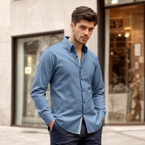 Men’s Casual Untucked Button Down Shirt Long Sleeve Stylish Business Casual Dress Shirts for Men - Thumbnail 2