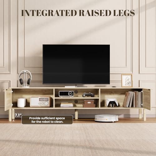 IKALIFE Rattan TV Stand for Living Room - Fits up to 65 Inch TVs, Rattan Media Console Table with Adjustable Shelves & 2 Storage Cabinets, Mid-Century Modern Entertainment Center, Oak 58" - Thumbnail 4