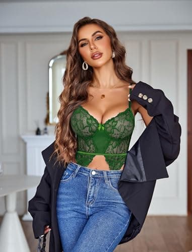 Avidlove Women's Exotic Lingerie Sets Sexy Babydoll Lingerie for Women Mesh Bodysuit with Garter Belt Green S - Thumbnail 5
