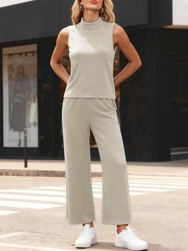 Casly Lamiit Lounge Set for Women Summer Outfits Mock Neck Tank Top Airport Matching Sets High Waisted Crop Pants Tracksuit 2025 Fashion Dressy Work Travel Clothes Beige M - Thumbnail 5