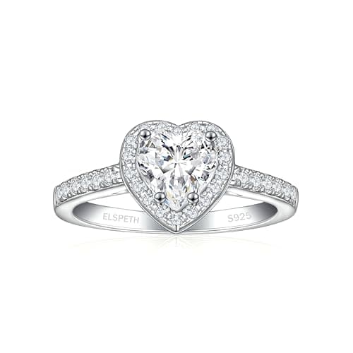 Elspeth 925 Sterling Silver Engagement Ring for Women, Heart Shaped 1CT Cubic Zirconia Halo Wedding Promise Ring Size 5 - Image 1