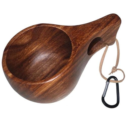 Flimjibg Coffe Mug Portable Wooden Camp Cup with Handle Kuksa Handmade Cool Hot Drinking Viking Mug Unique Natural Wood Grain for Outdoor Travel Hiking Men Women - Image 1