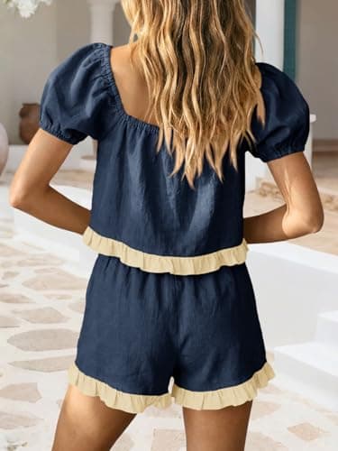 Tankaneo Womens 2 Piece Short Sets Summer Puff Sleeve Square Neck Babydoll Tops Cute Lounge Set Cotton Vacation Outfits - Thumbnail 5