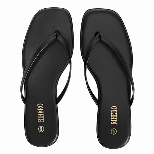 Rihero Black Flip Flops for Women Beach Thong Sandals Summer Comfort Slip On Walking Leather Slide Sandals Size 7.5 - Thumbnail 5