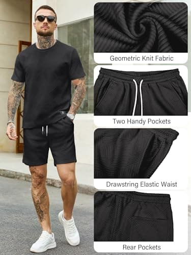 JEMLDL Mens 2 Piece Shorts Set Summer Jacquard Knit T-Shirt and Shorts Outfits Lounge Wear Casual Clothing with Pockets Black L - Thumbnail 6