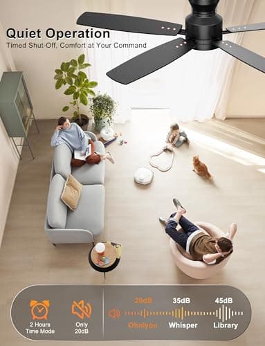 Ohniyou Ceiling Fans with Lights, 52'' Low Profile Ceiling Fan with Light and Remote/APP Control, Modern Flush Mount Ceiling Fan for Indoor Bedroom Living Room, Dimmable, Qiuet DC Motor, Black - Thumbnail 5