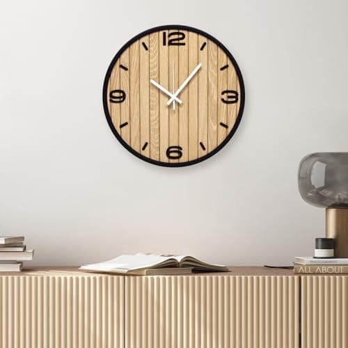AXAORIRA 12 Inch Round Wall Clock Battery Operated, Wooden Decorative Analog Clocks Non-Ticking Quartz for Apartment, Living Room, Bedroom, Hallway, Classroom - Easy to Install & Read - Thumbnail 4