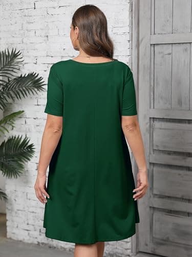 AusLook Plus Size Midi Dress for Women Casual Summer Short Sleeve A Line Swing Dark Green 3X Dress with Pockets Round Neck Flowy Knee Length T Shirt Vacation Beach Sundress - Thumbnail 2