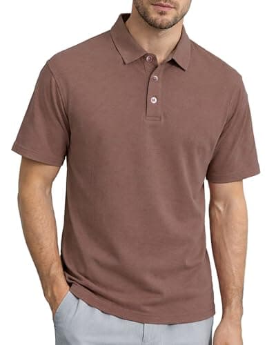 KUYIGO Men's Casual Polo Shirts Vintage Classic Short Sleeve Collared Cotton Shirt Amber Brown 2XL - Image 1