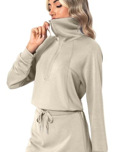 Casly Lamiit 2 Piece Skort Sets for Women Tennis Athletic Skirt Sweatsuits Casual Long Sleeve Sweatshirts Fall Matching Sports Outfits Dark Beige S - Thumbnail 2