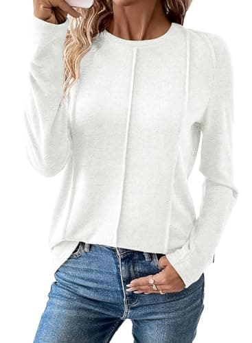 EVALESS Womens Dressy Casual Business Work Tops Blouses 2025 Spring Summer Fall Pleated Crewneck Knit Cute Loose Long Sleeve Shirts Clothes Outfits,White Medium - Image 1