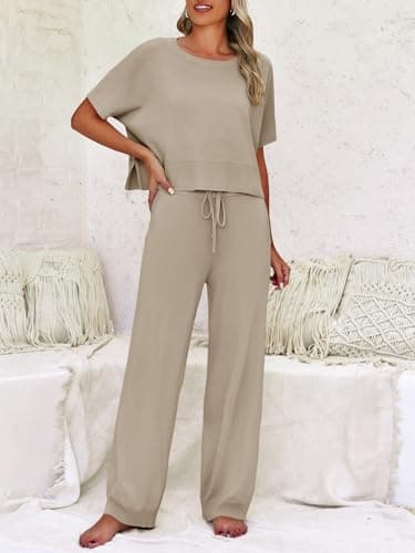 Fisoew Womens 2 Piece Outfits Sweater Sets Knit Split Crop Tops High Waisted Pants Lounge Set - Thumbnail 5