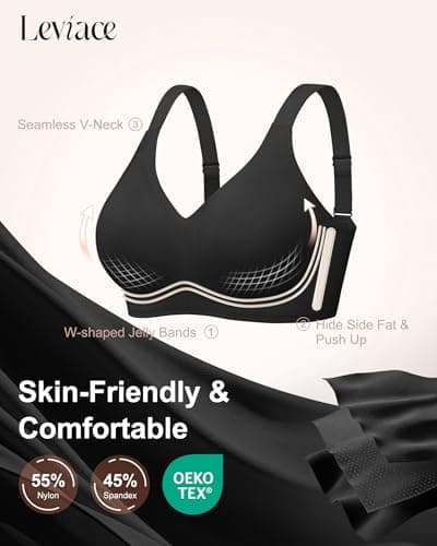 leviace Wireless Jelly Bras for Women with Support - Anti-Slip Wide Straps Push Up Full Coverage Plunge Seamless Padded T-Shirt Bralette No Underwire Soft Invisible Back Smoothing Sleep Bra, Black, S - Thumbnail 4