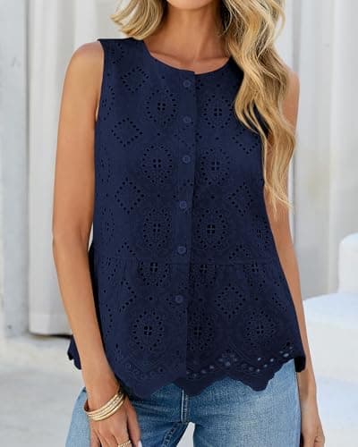 BTFBM Womens Tank Tops 2026 Summer Casual Sleeveless Button Down Shirts Embroidered Eyelet Blouse Beach Vacation Clothes(Navy, X-Large) - Thumbnail 2