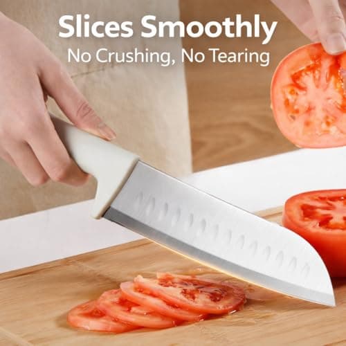 5-Piece Knife Block Set, Lightweight Stainless Steel Kitchen Knives Set with Scissor, Removable Drain Block, Home Apartment New Kitchen Essentials (Beige White) - Thumbnail 6