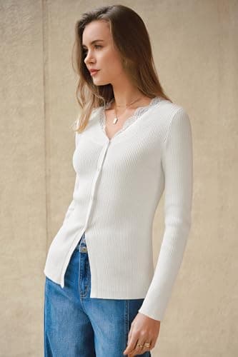 Arach&Cloz Women's Cardigan 100% Cotton V Neck Sweaters Date Night Outfit Lace Trim Ribbed Long Sleeve Going Out Tops Fitted Button Down Spring Summer Valentines Day Cute Trendy Clothes 2026 Beige L - Thumbnail 3