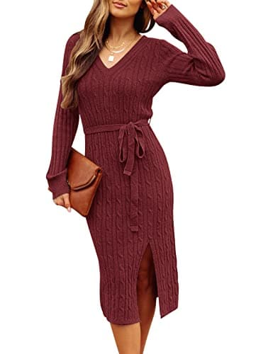MEROKEETY Women's 2025 Fall Long Sleeve Bodycon Sweater Dress Winter V Neck Cable Knit Slit Midi Dresses, Burgundy, XL - Image 1